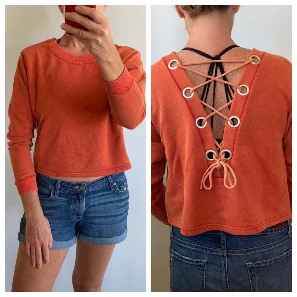 Cropped, Lace Back Pullover Top - Picture 1 of 10
